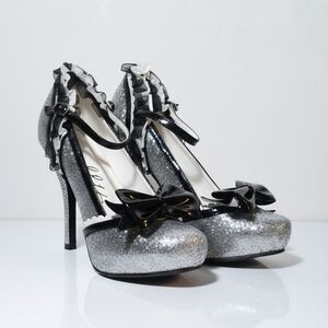 Ellie Sze 6 Pumps NEW Silver Glitter Lace Removable Bow Ankle Strap Costume Sexy